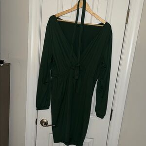 SHEIN Curve Green Ribbed Bodycon Dress with Bishop Sleeves